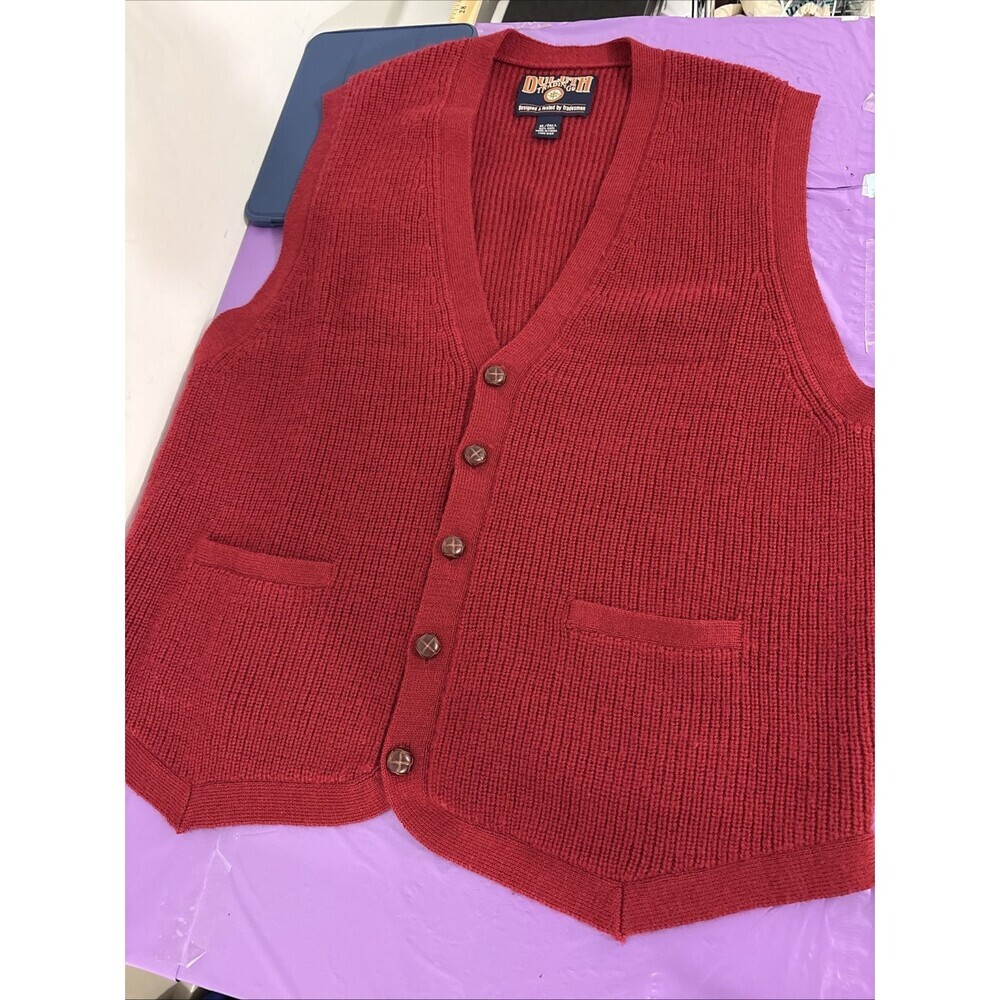 Duluth Trading Sweater Vest Mens XLarge Tall Red Wool Knit Button Up Grandpa